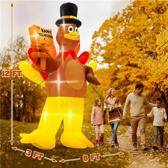 12FT Inflatable Turkey, LED Lighted Turkey Holding Happy Thanksgiving Sign - Picture 2 of 8